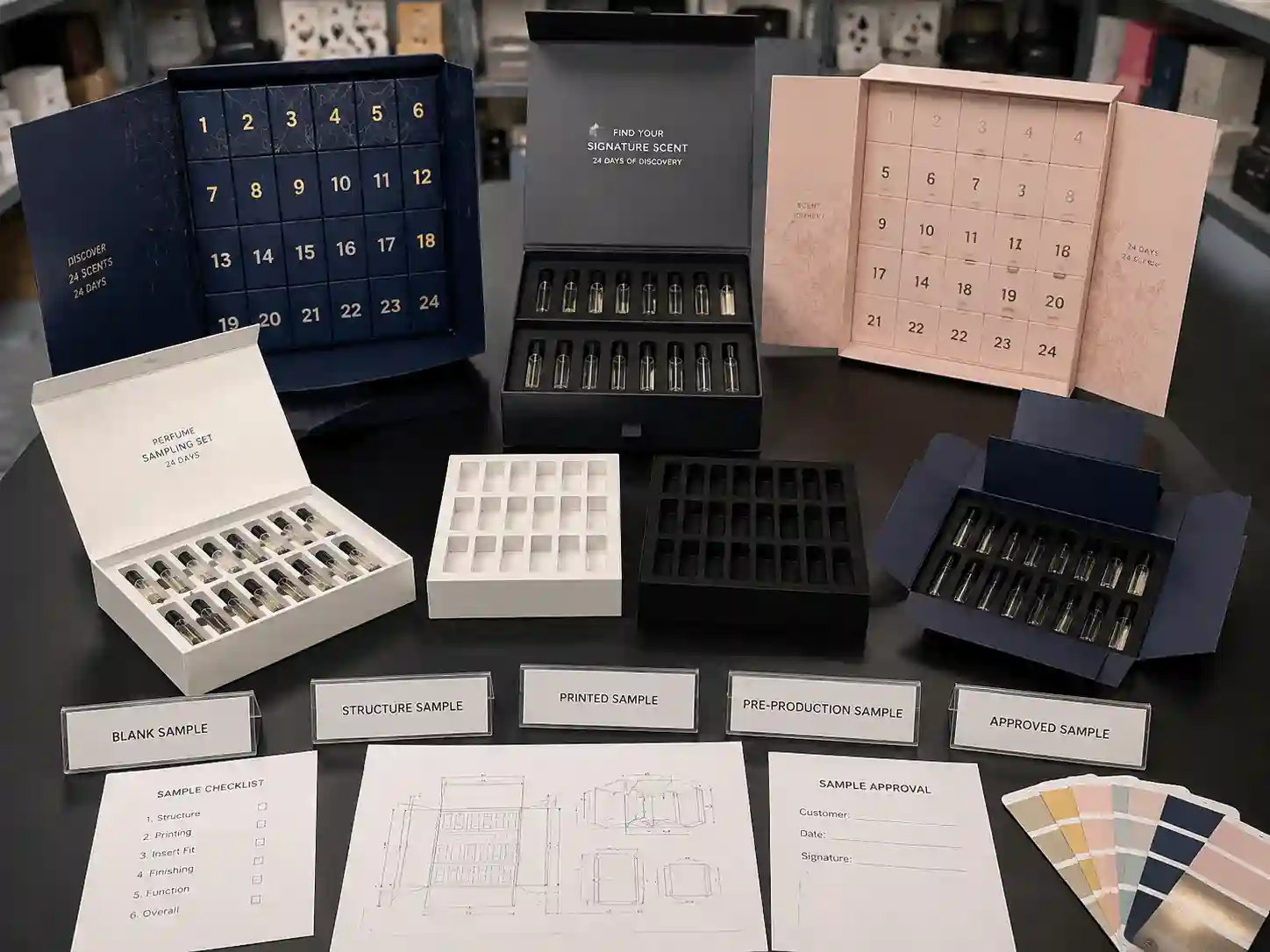 Perfume sample advent calendar box prototype comparison showing different packaging structures and vial compartments during sampling process