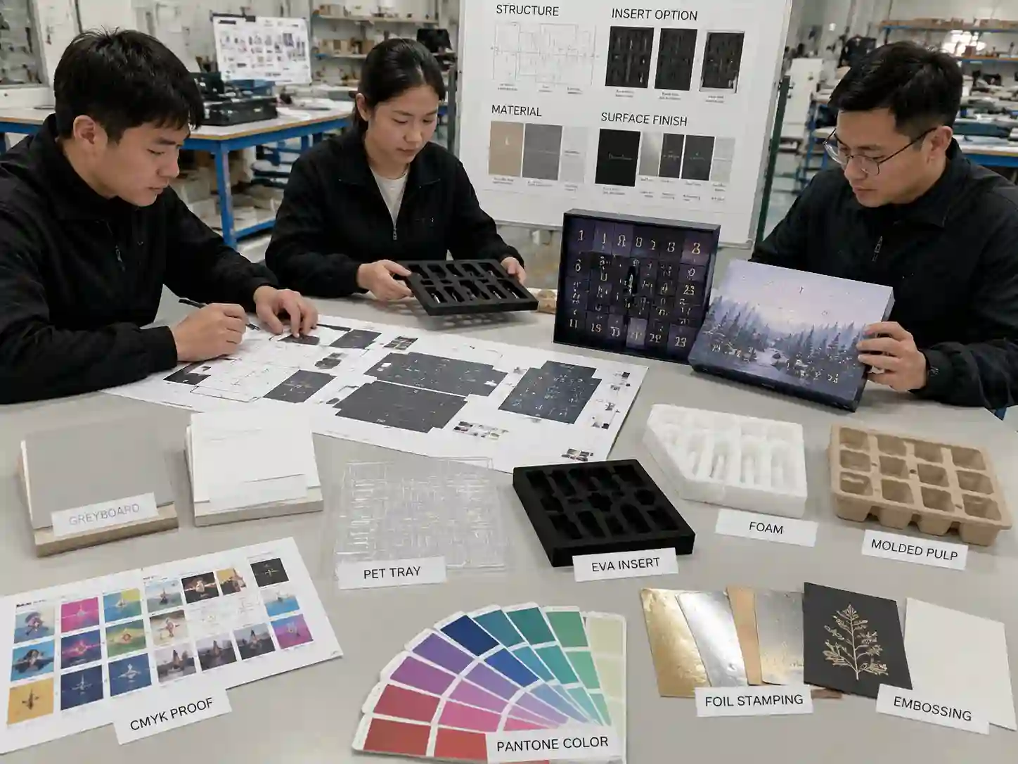 Packaging engineers reviewing perfume sample advent calendar box materials, dielines, inserts, and printed prototypes during development