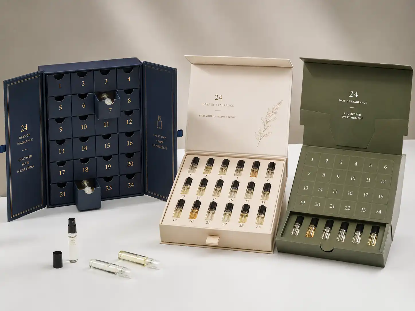 Finished perfume sample advent calendar box structures with glass vials and fitted inserts for B2B packaging comparison
