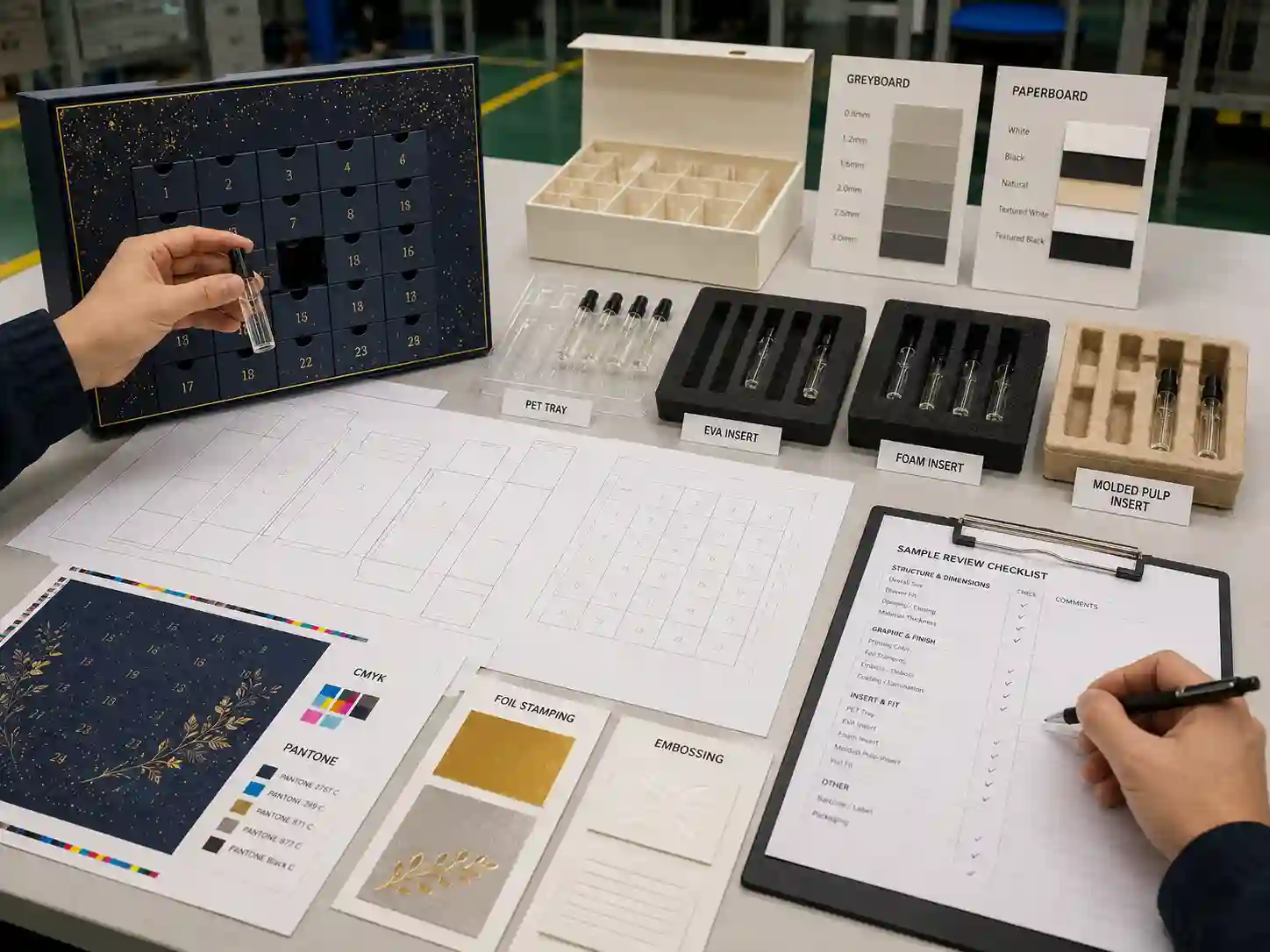 Perfume sample advent calendar box dieline planning with insert materials artwork proof and vial fit testing