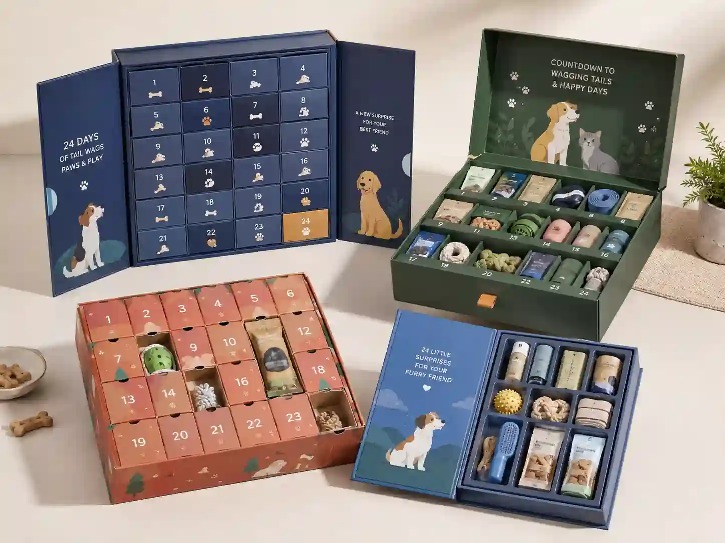 Finished pet product advent calendar boxes with different structures and fitted compartments for B2B packaging comparison