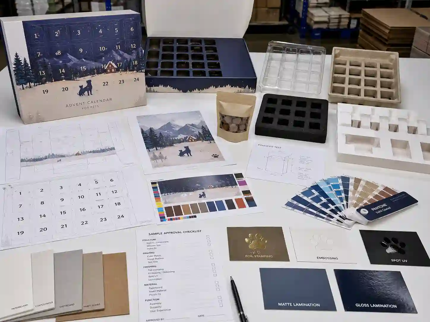 Pet product advent calendar packaging development table with dielines, insert samples, material swatches, and artwork proof