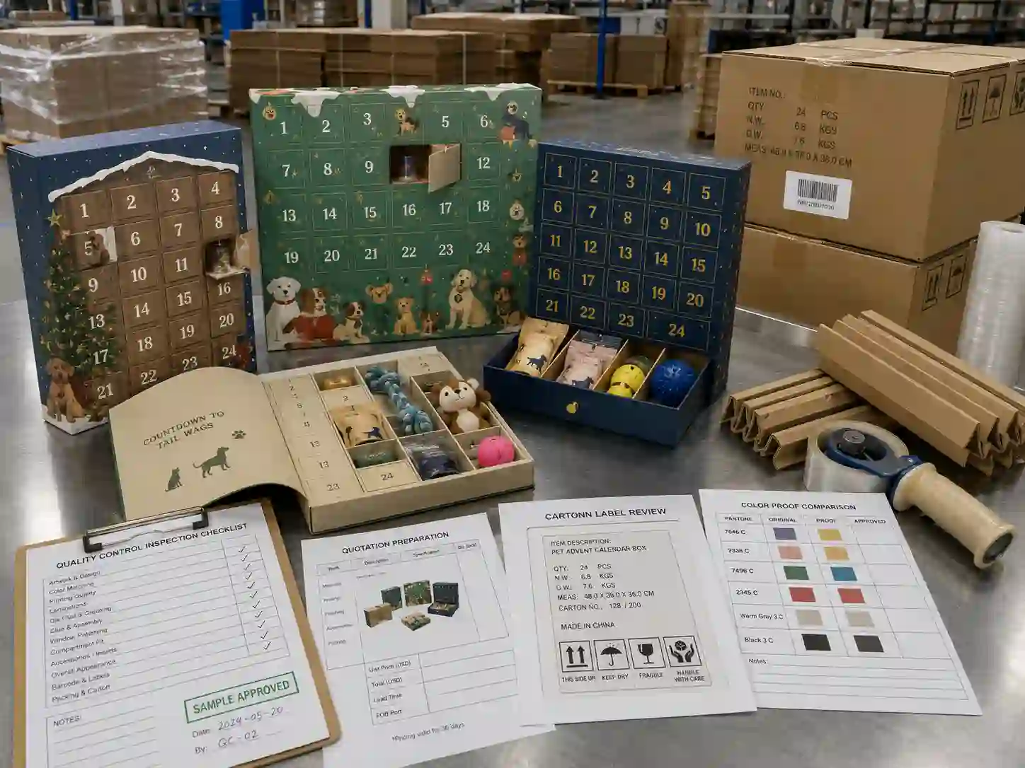 QC and export packing review for pet product advent calendar boxes with cartons, checklist, and shipping marks