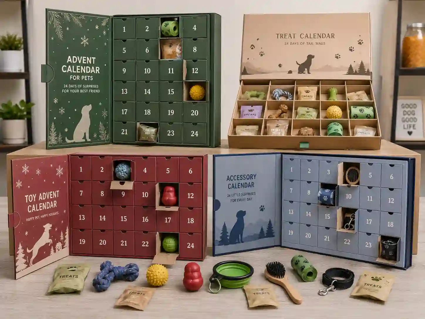 Finished pet product advent calendar boxes comparing rigid, drawer, folding carton, and book-style structures with fitted compartments
