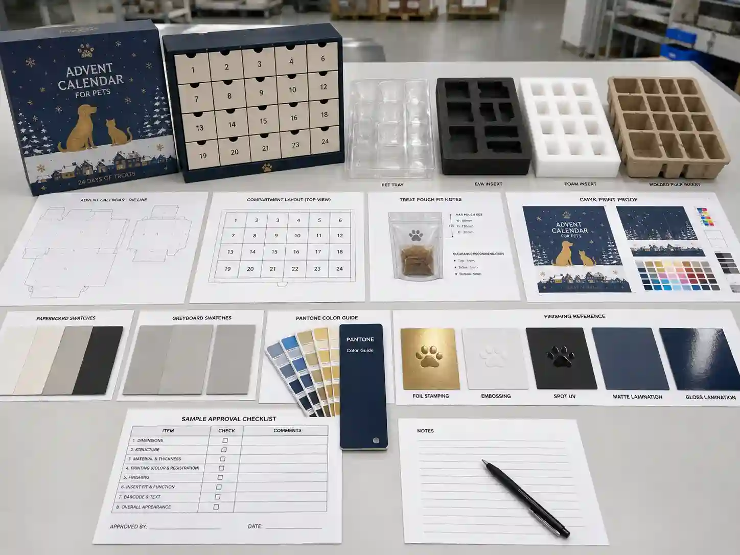 Factory planning table for pet product advent calendar box dielines, inserts, materials, printing proofs, and sample approval