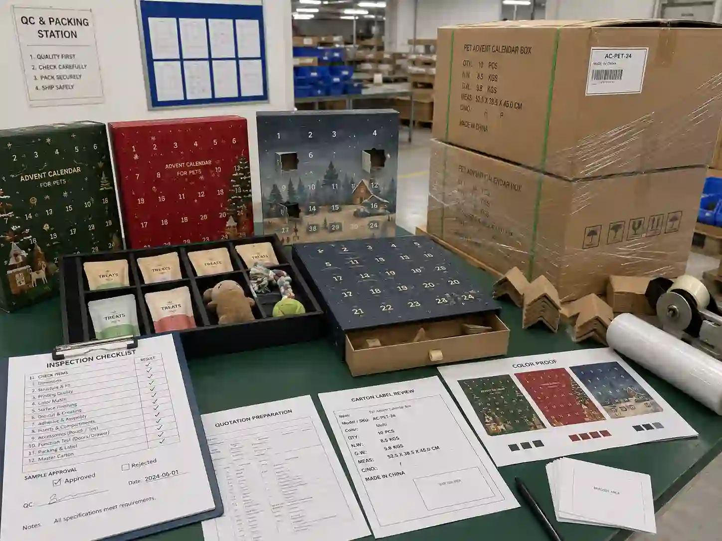 QC and export packing inspection for pet product advent calendar boxes with cartons, pallet wrap, shipping marks, and checklist