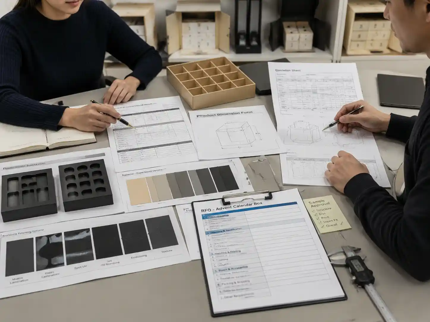 Buyers reviewing product data and quotation requirements for an advent calendar box RFQ