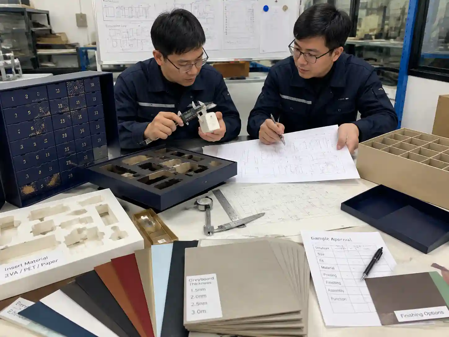 Packaging engineers verifying product specifications and insert requirements before quoting