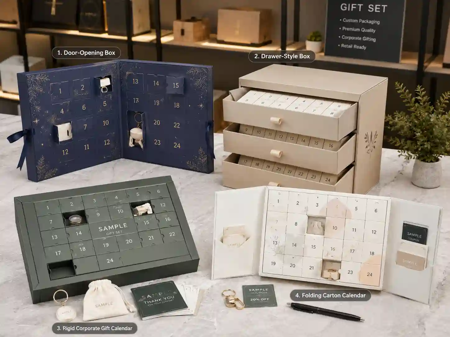 Finished promotional gift advent calendar boxes showing different structures for B2B campaign packaging.