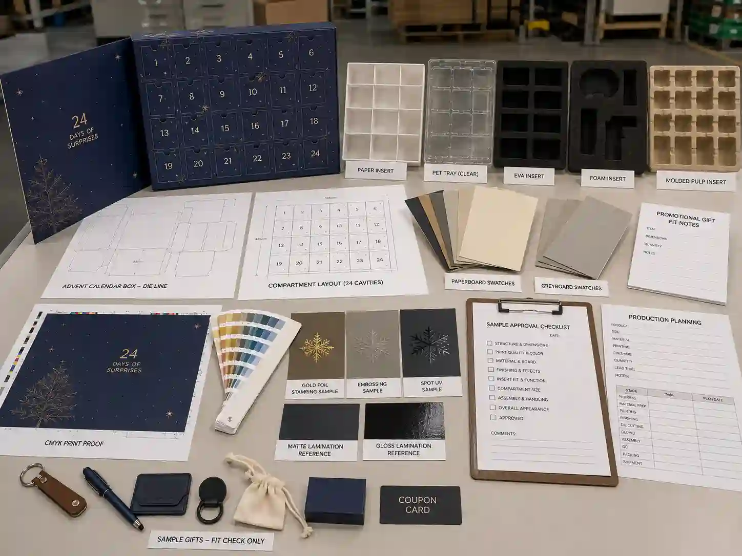 Factory planning table with dielines, insert samples, color proofs, and finishing references for promotional gift advent calendar boxes.