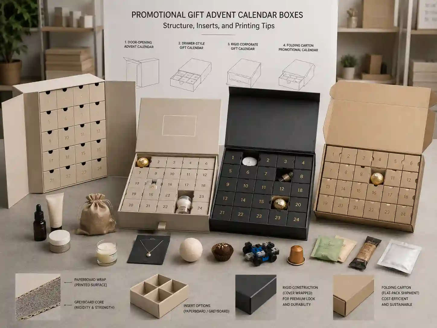 Finished promotional gift advent calendar box samples comparing door-opening, drawer, rigid, and folding carton structures with generic gift items.