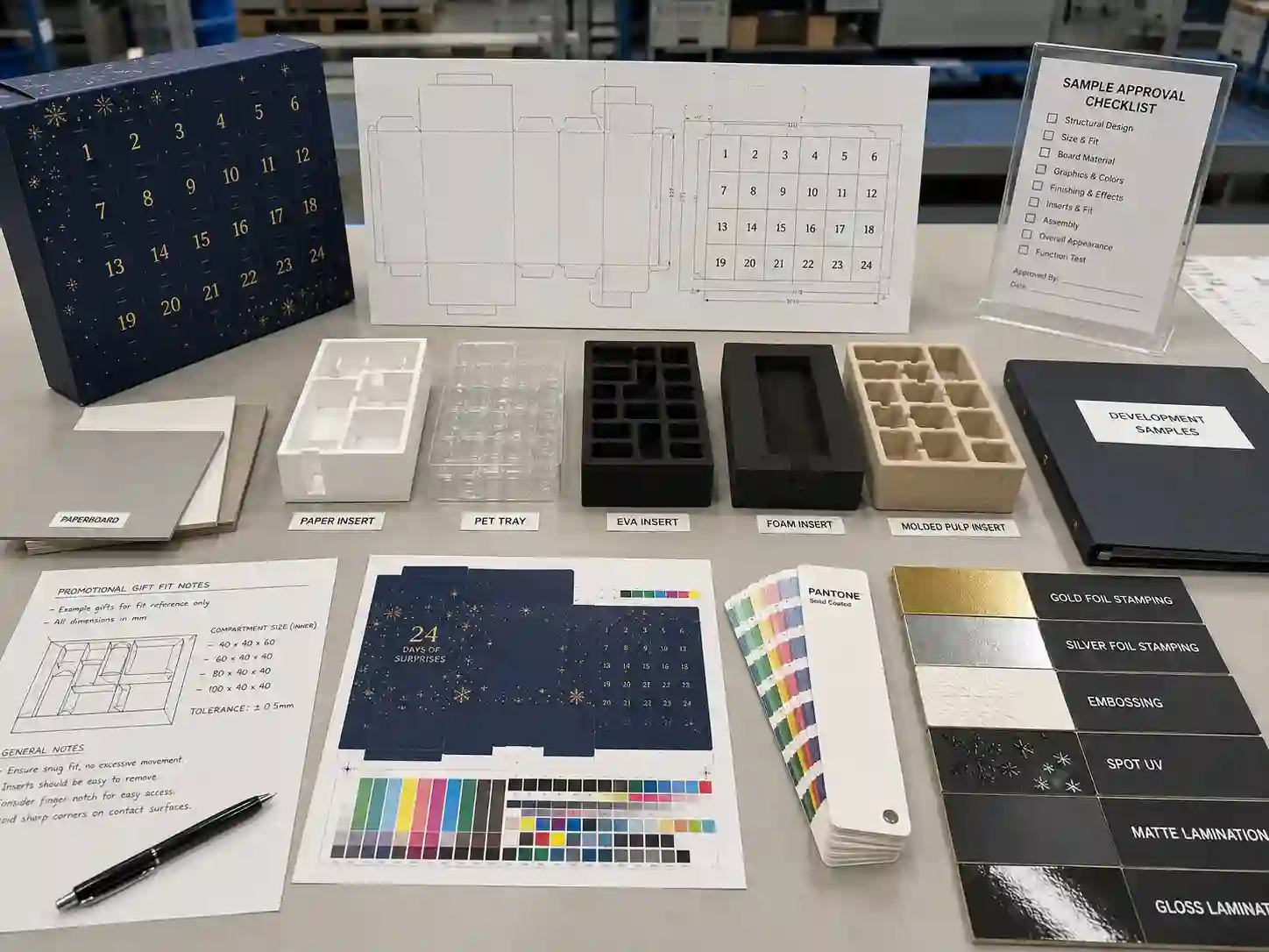 Factory planning table with dielines, material swatches, insert samples, printing proofs, and approval checklist for promotional gift advent calendar boxes.