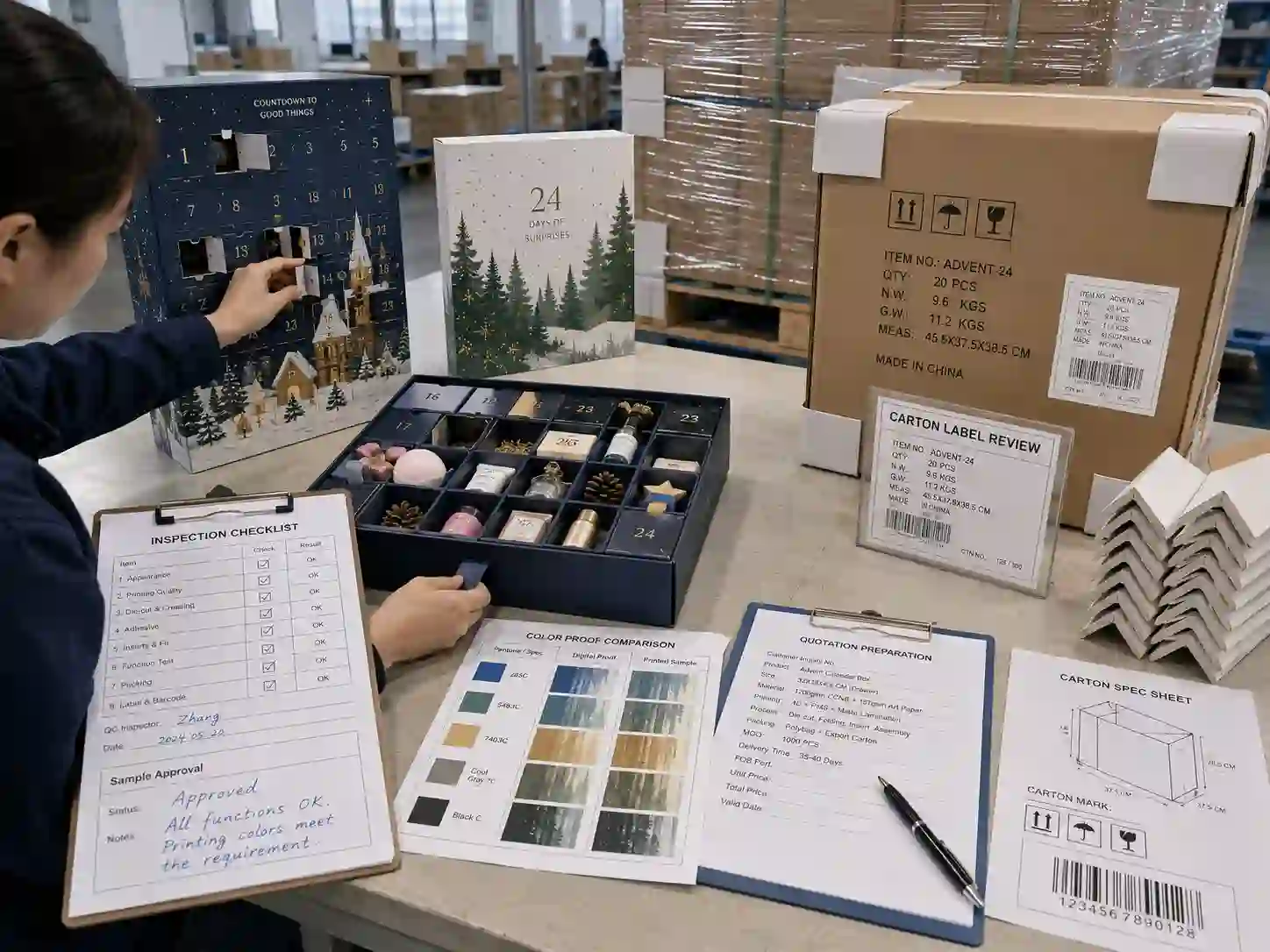 QC and export packing setup for promotional gift advent calendar boxes with inspection checklist, cartons, pallet wrap, and generic shipping marks.