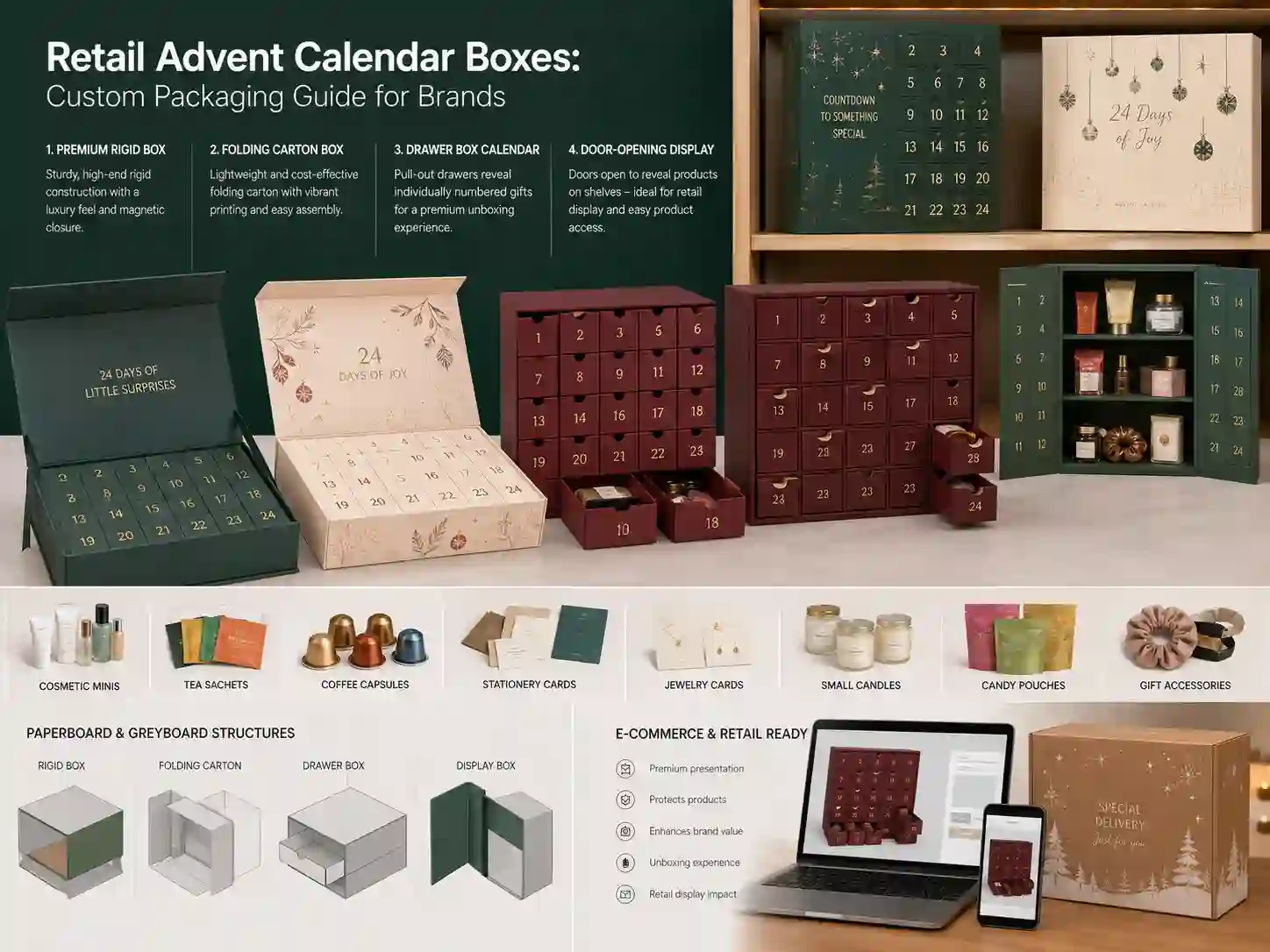 Finished retail advent calendar box samples comparing rigid, folding carton, drawer, and door-opening structures for B2B packaging buyers