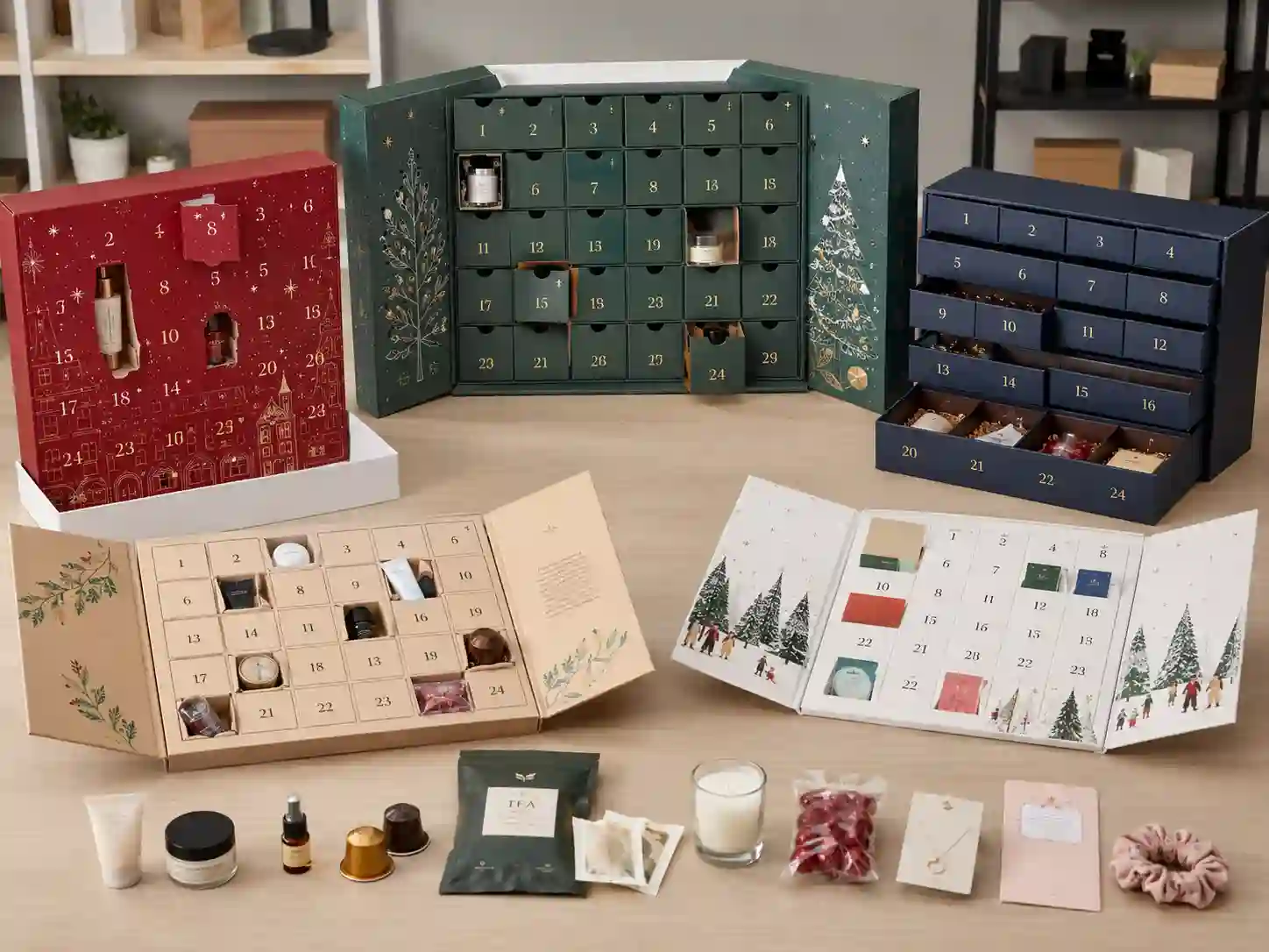Finished retail advent calendar boxes with different structures, numbered compartments, and sample products for B2B product-fit comparison
