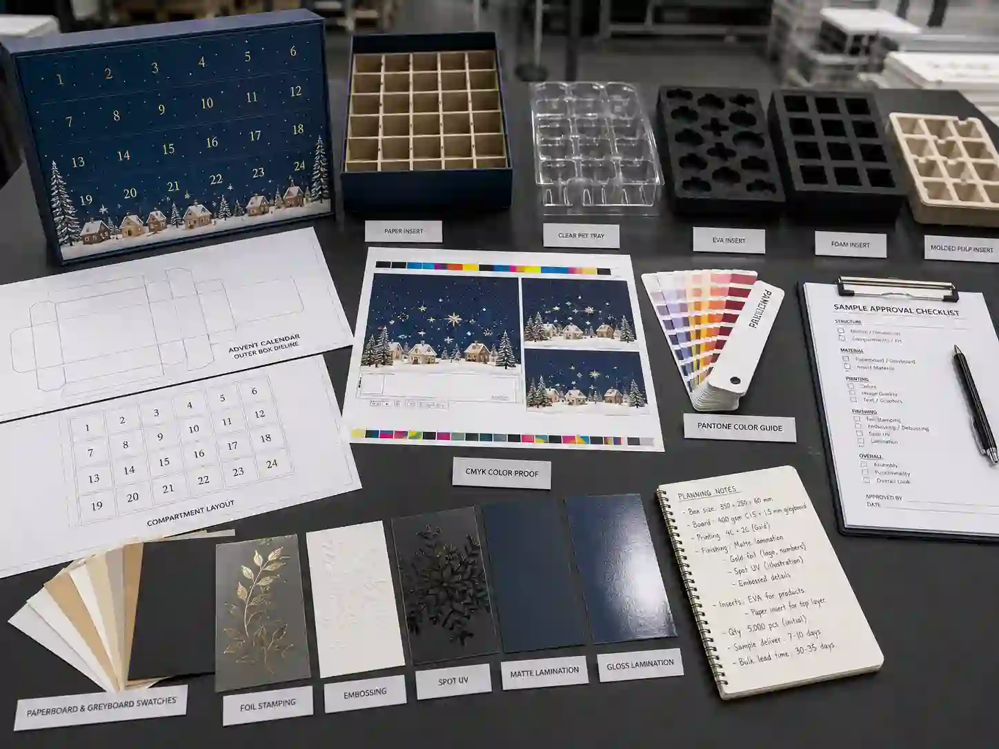 Retail advent calendar box development table with dielines, insert samples, material swatches, color proofs, and finishing references