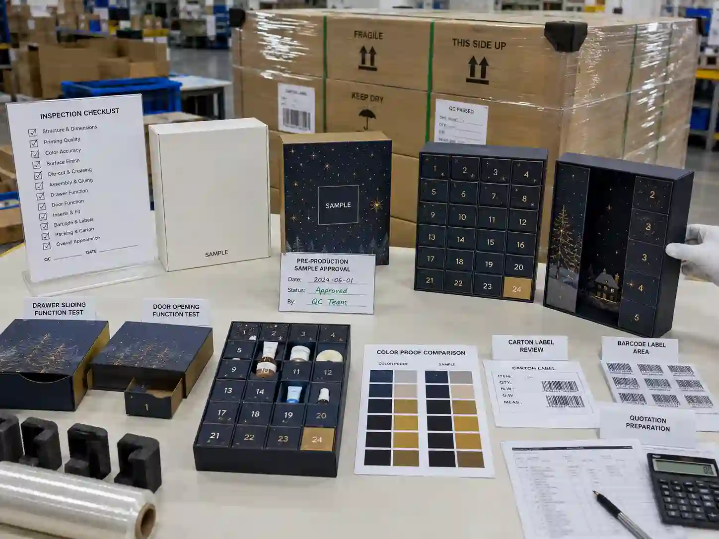 QC and export packing setup for retail advent calendar boxes with inspection checklist, samples, cartons, pallet wrap, and shipping marks
