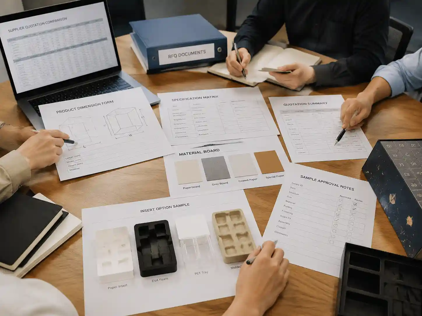 Packaging buyers reviewing RFQ documents, specifications, samples, and quotation details for advent calendar packaging cost control