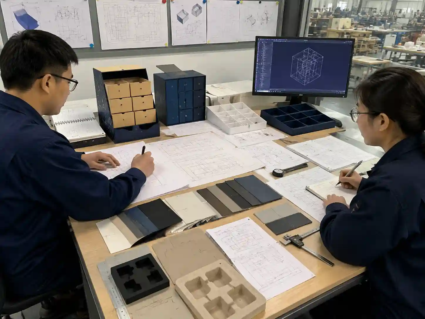 Packaging engineers verifying drawings, measurements, samples, and production requirements before advent calendar packaging quotation approval