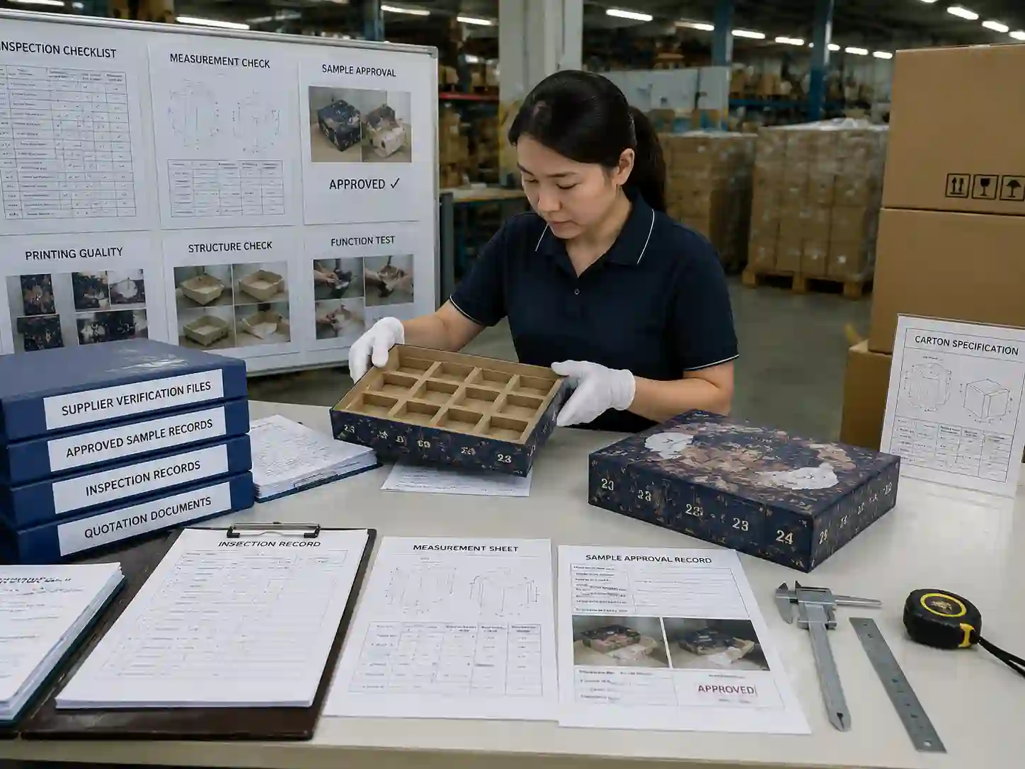 QC staff checking packaging records, approved samples, measurements, and supplier verification documents for RFQ cost control