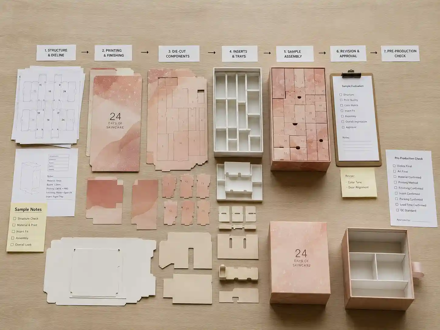 Flat-pack skincare advent calendar box components arranged for sampling and production review