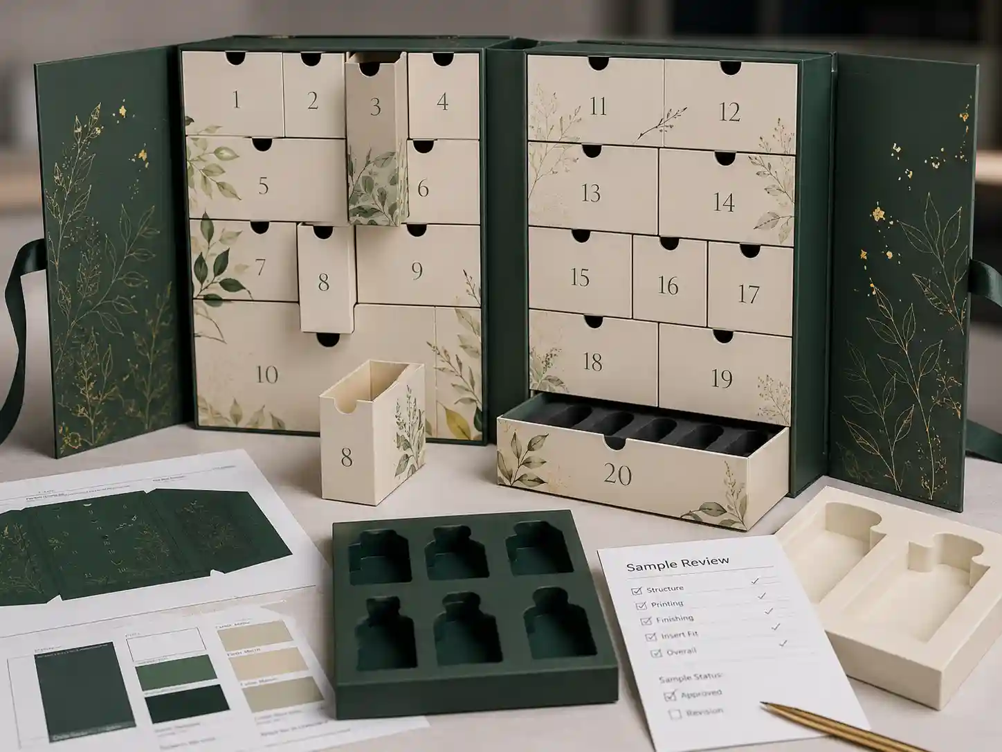 Assembled rigid skincare advent calendar box with inserts and printed panels