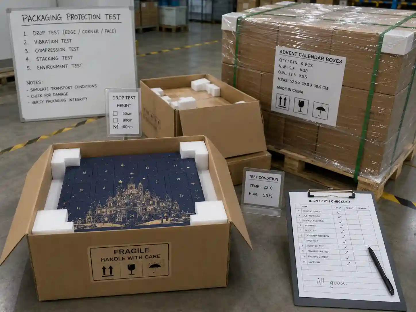 Protective packing test scene for skincare advent calendar boxes before export shipment