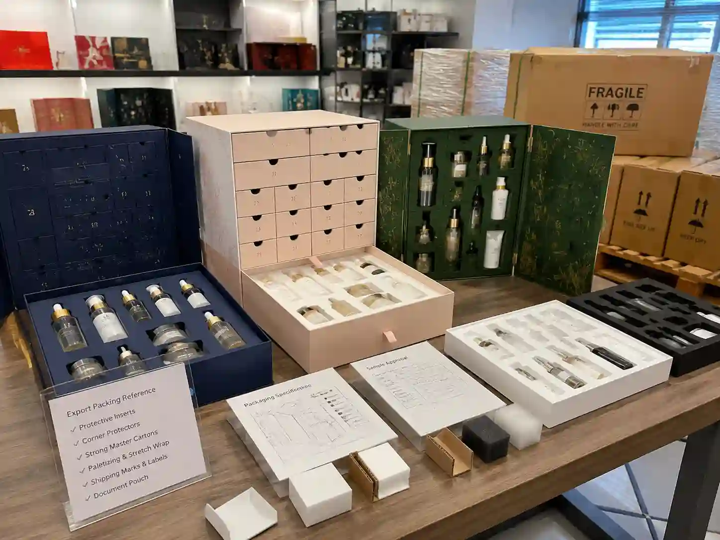 Skincare advent calendar box structures with inserts and export packing samples for B2B packaging buyers