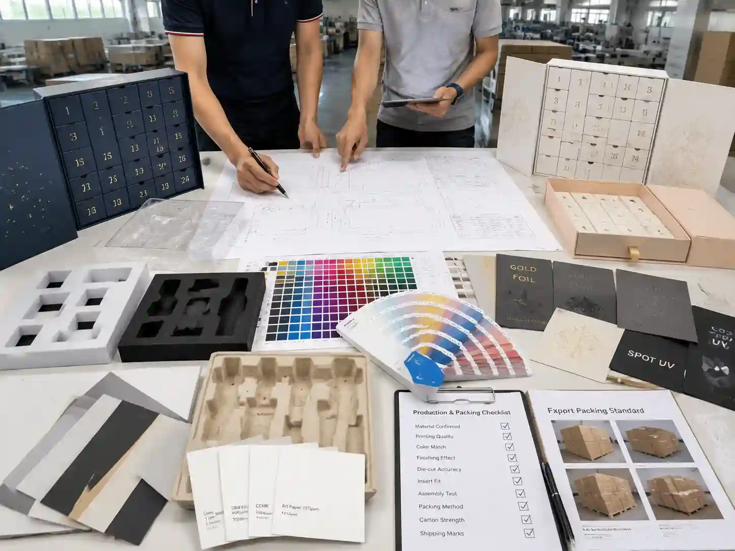 Packaging engineers testing skincare advent calendar box materials inserts and artwork samples