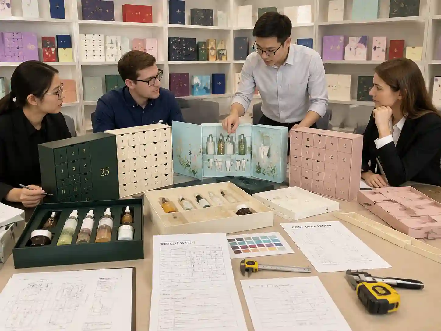 Skincare advent calendar box structure comparison with inserts and product fit samples for B2B packaging buyers