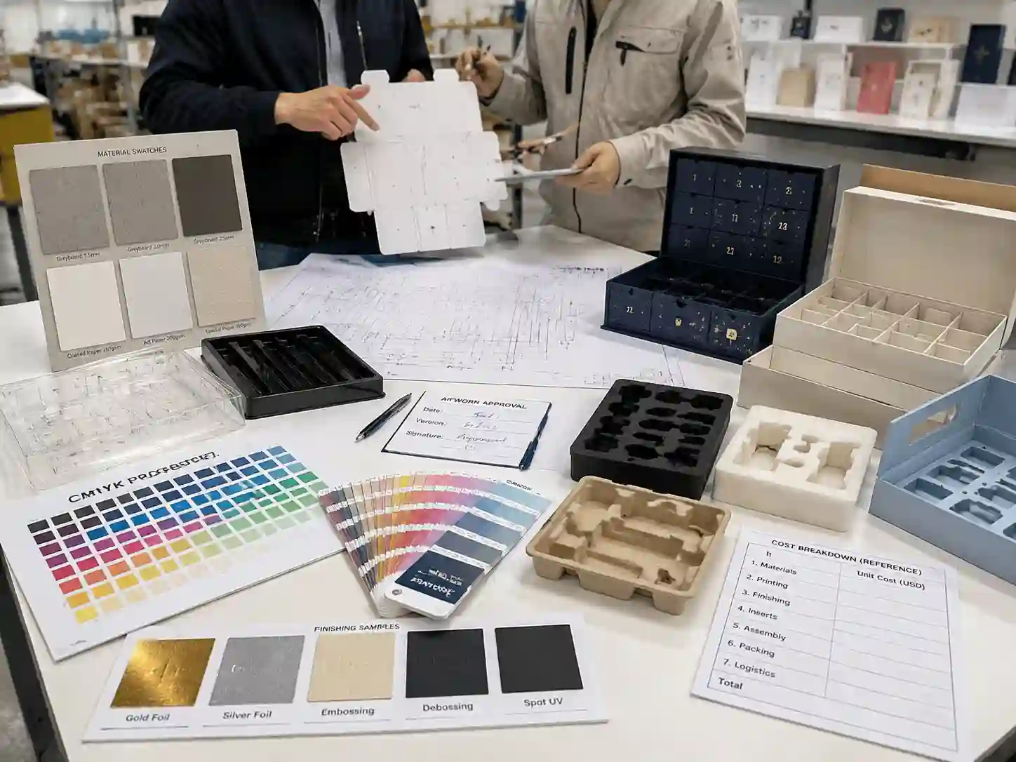 Packaging engineers developing skincare advent calendar box prototypes with inserts and material samples