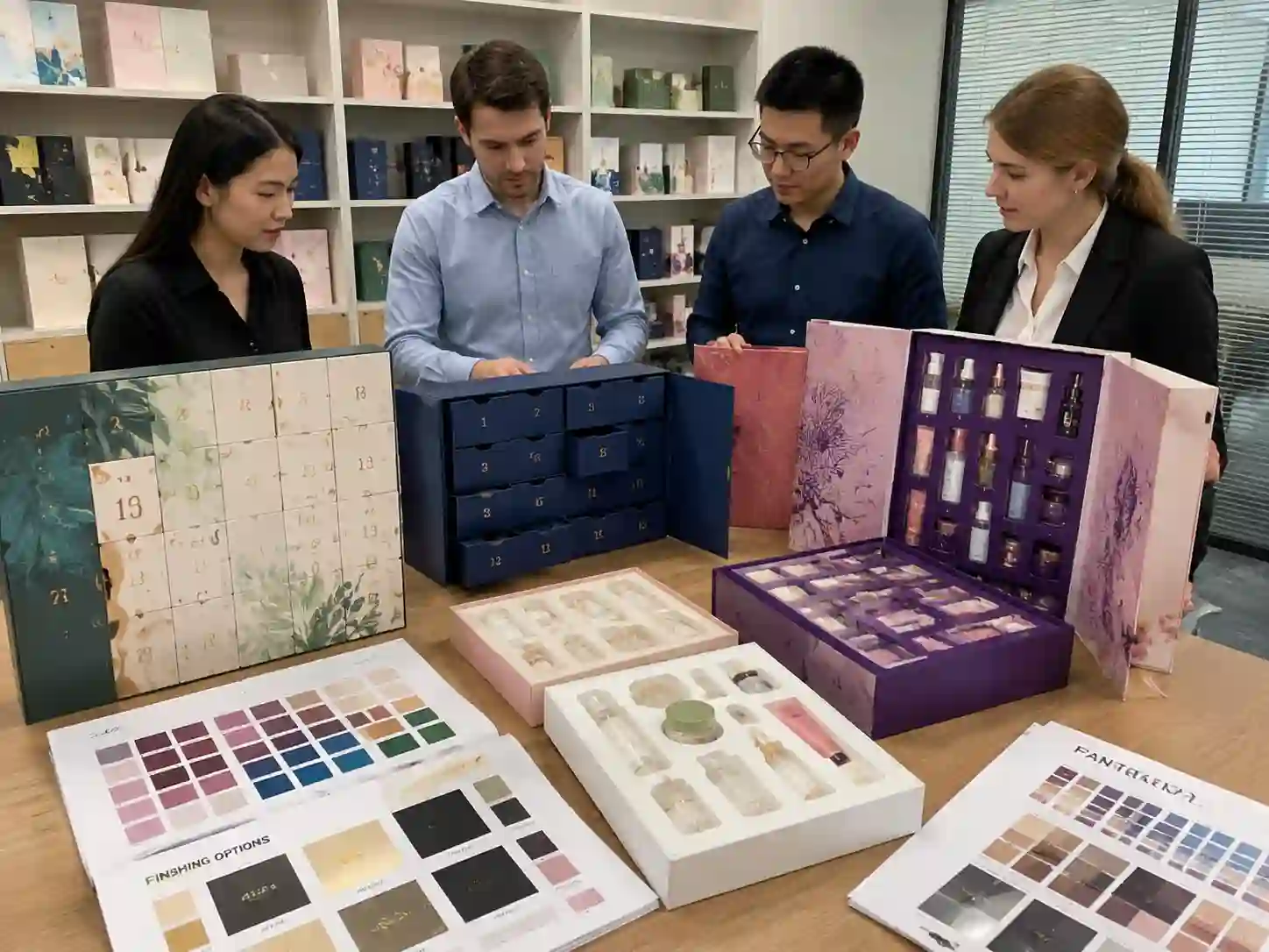 B2B buyers comparing printed skincare advent calendar box structures with rigid, drawer, and door-opening packaging samples