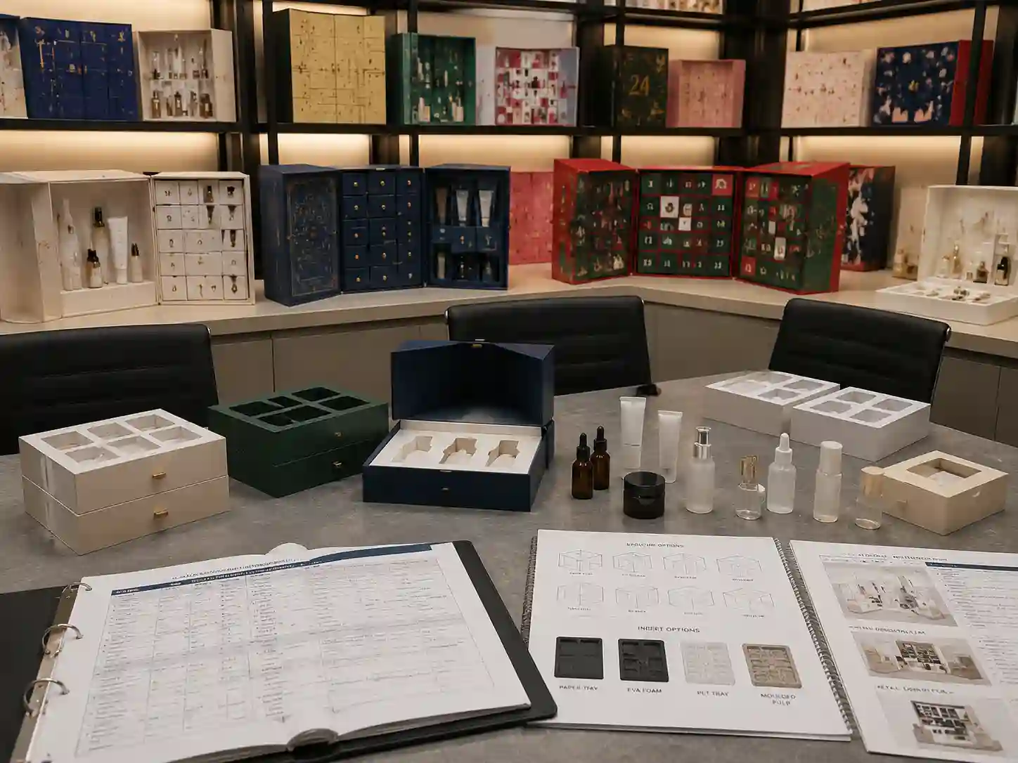 Skincare advent calendar boxes retail campaign planning comparison showing rigid, drawer, door-opening, and folding carton packaging structures with skincare product compartments