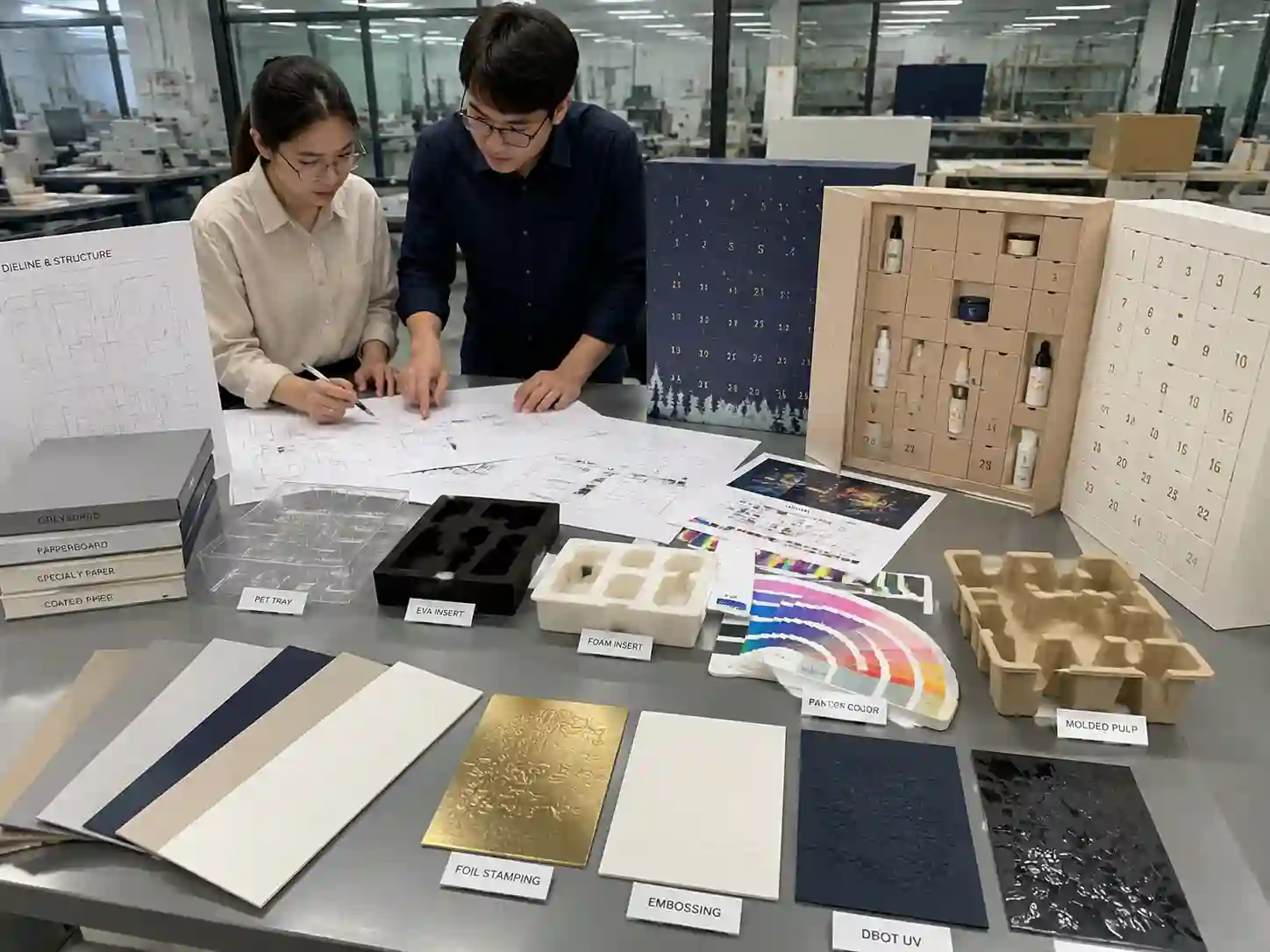 Packaging engineers reviewing skincare advent calendar box prototypes, dielines, inserts, materials, and printing samples for retail campaign planning