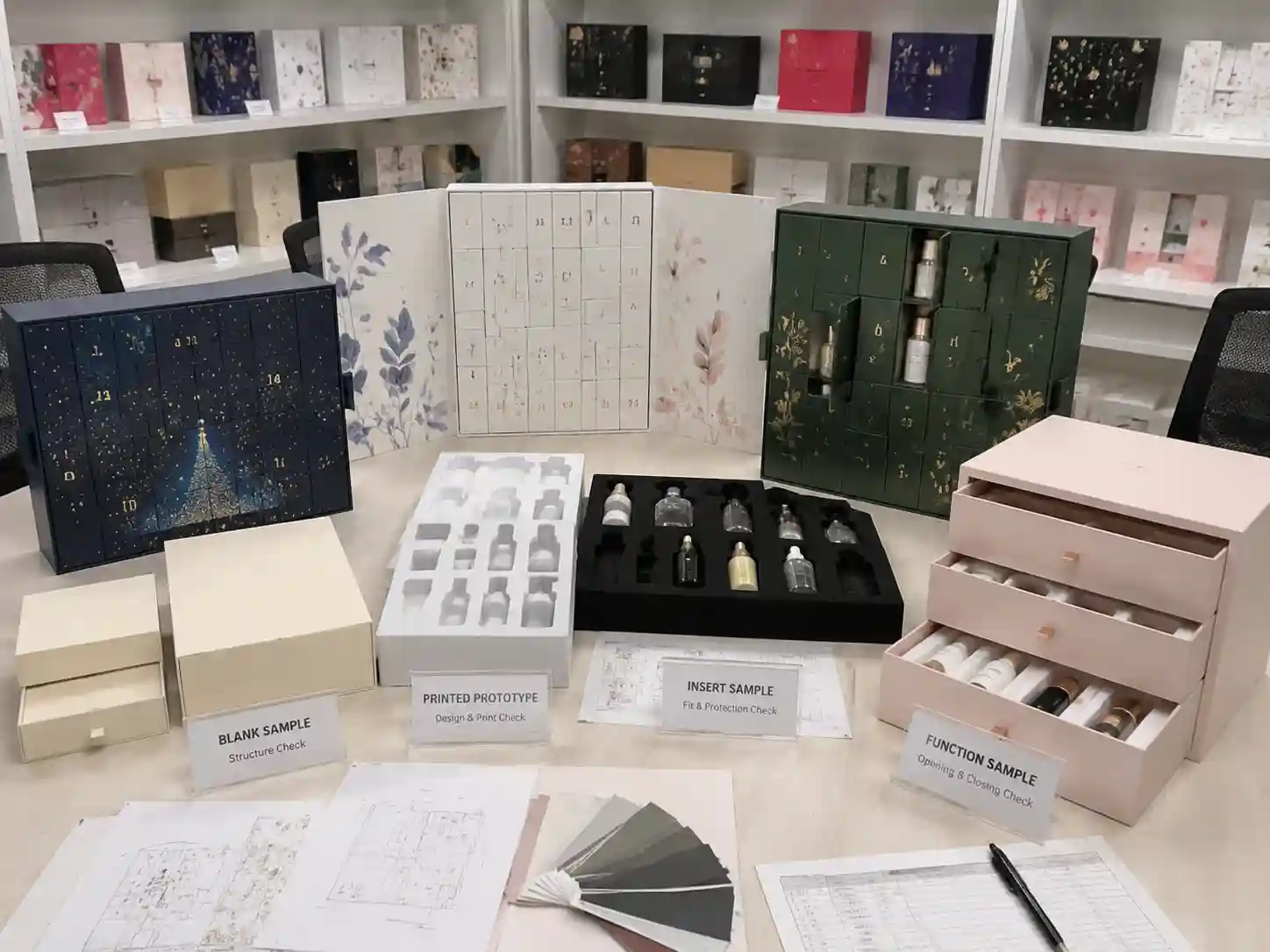 Skincare advent calendar box sample comparison showing rigid drawer and door-opening packaging structures for buyer evaluation