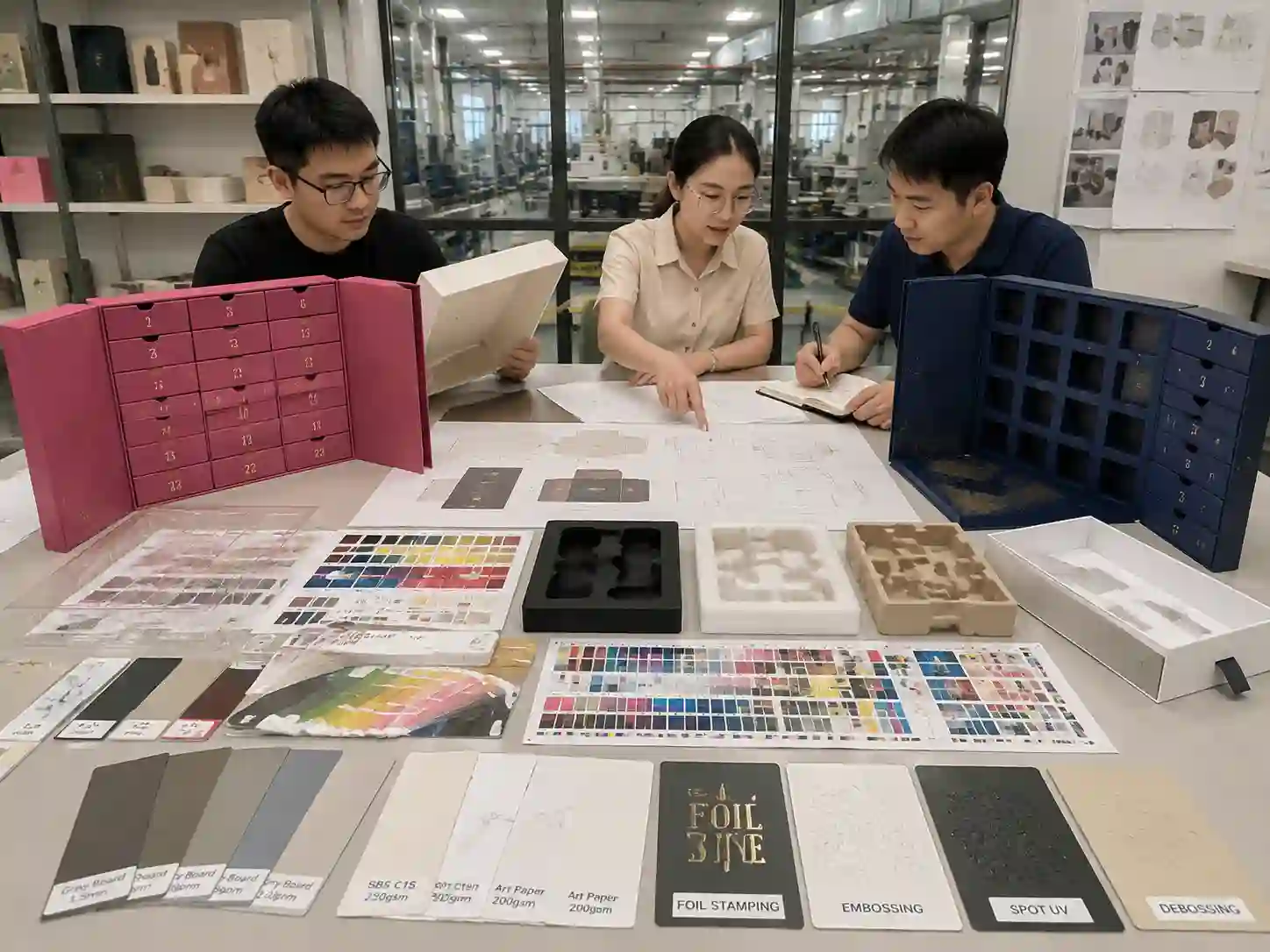 Packaging engineers reviewing skincare advent calendar box prototypes, dielines, inserts, and printing samples
