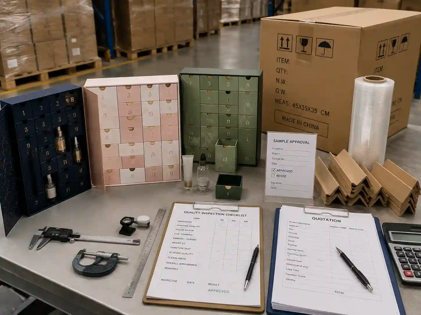 Quality control and export packing preparation for approved skincare advent calendar box samples