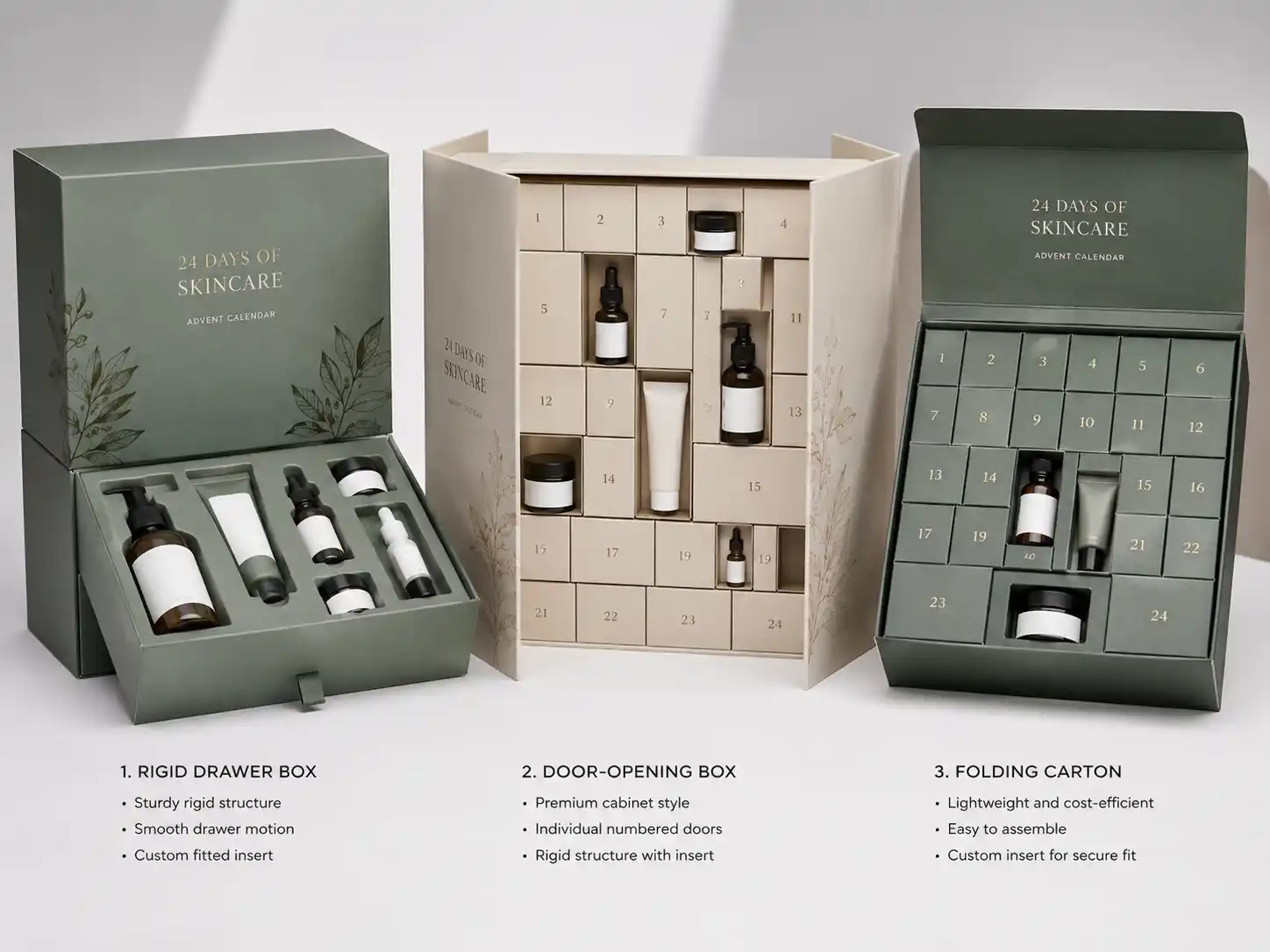 Finished skincare advent calendar box samples comparing rigid drawer, door-opening, and folding carton structures with fitted inserts
