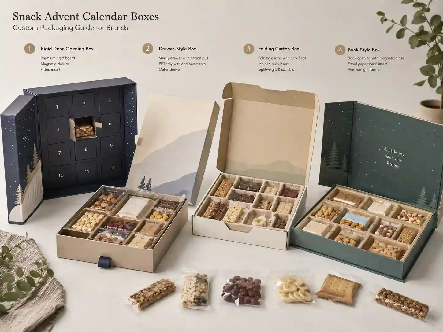 Finished snack advent calendar box samples with different structures and inserts for B2B packaging comparison