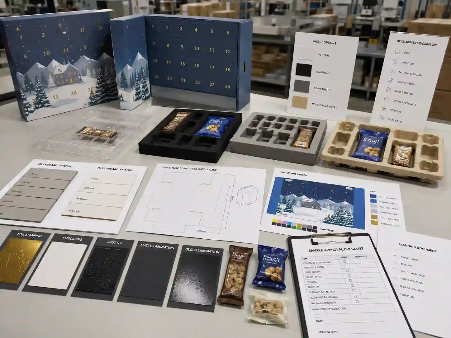 Snack advent calendar box development table with dielines materials insert samples and artwork proof