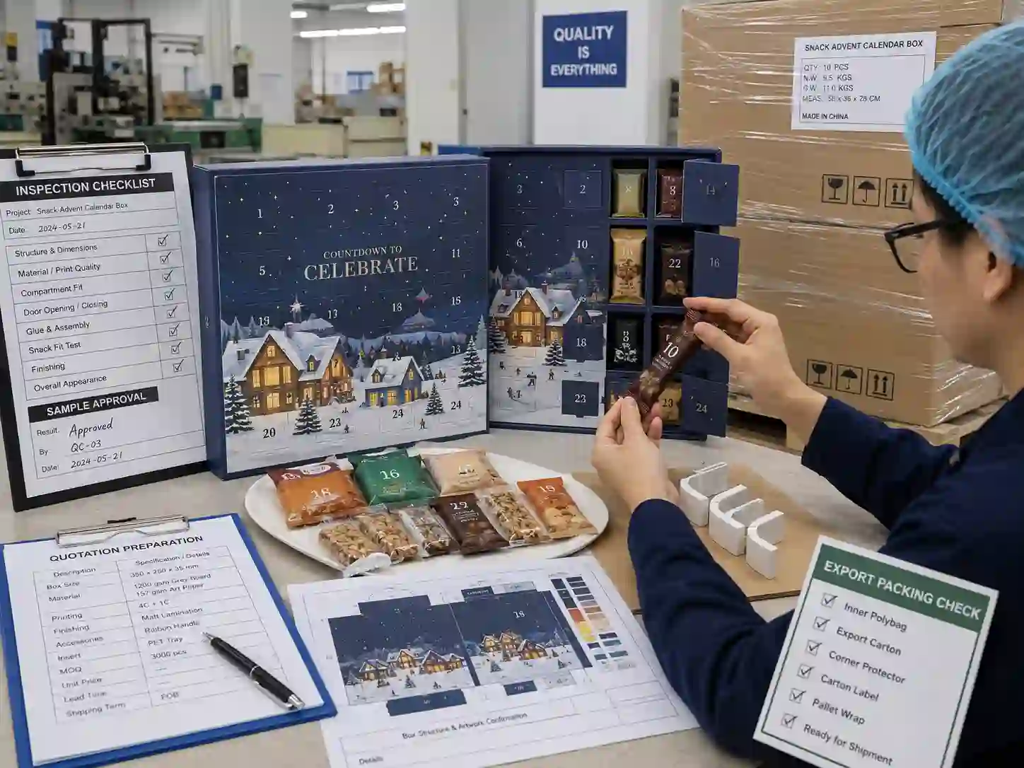 QC and export packing review for snack advent calendar boxes with cartons shipping marks and inspection checklist