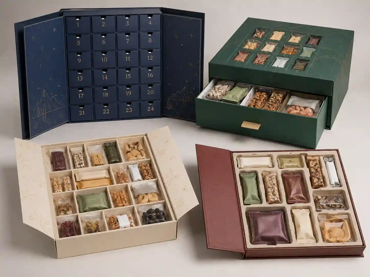Finished snack advent calendar box structure samples with separated wrapped snack compartments and custom inserts