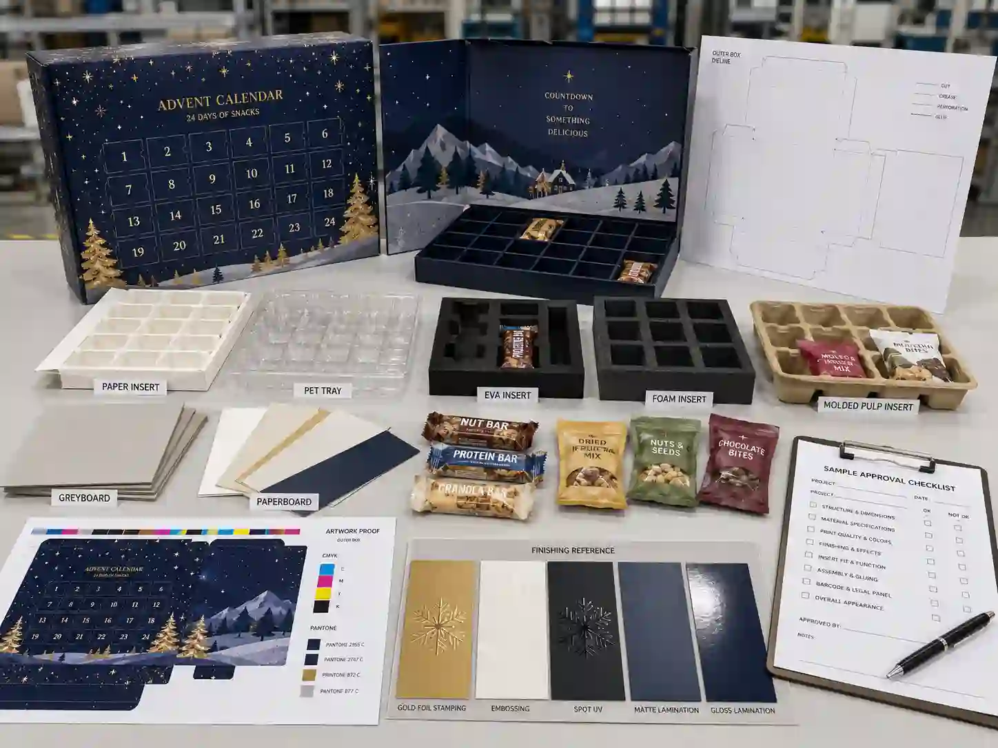 Snack advent calendar packaging development table with dielines, material swatches, insert samples, and artwork proofs