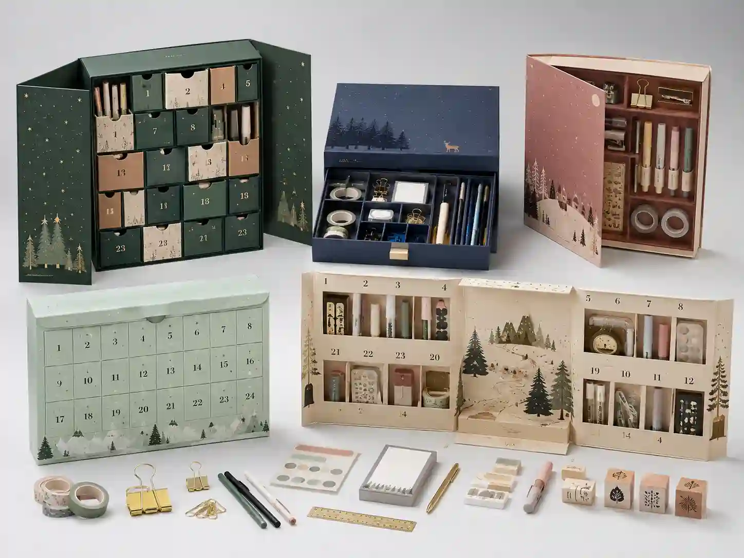 Finished stationery advent calendar box samples with drawer, door-opening, book-style, folding carton, and fold-out structures.
