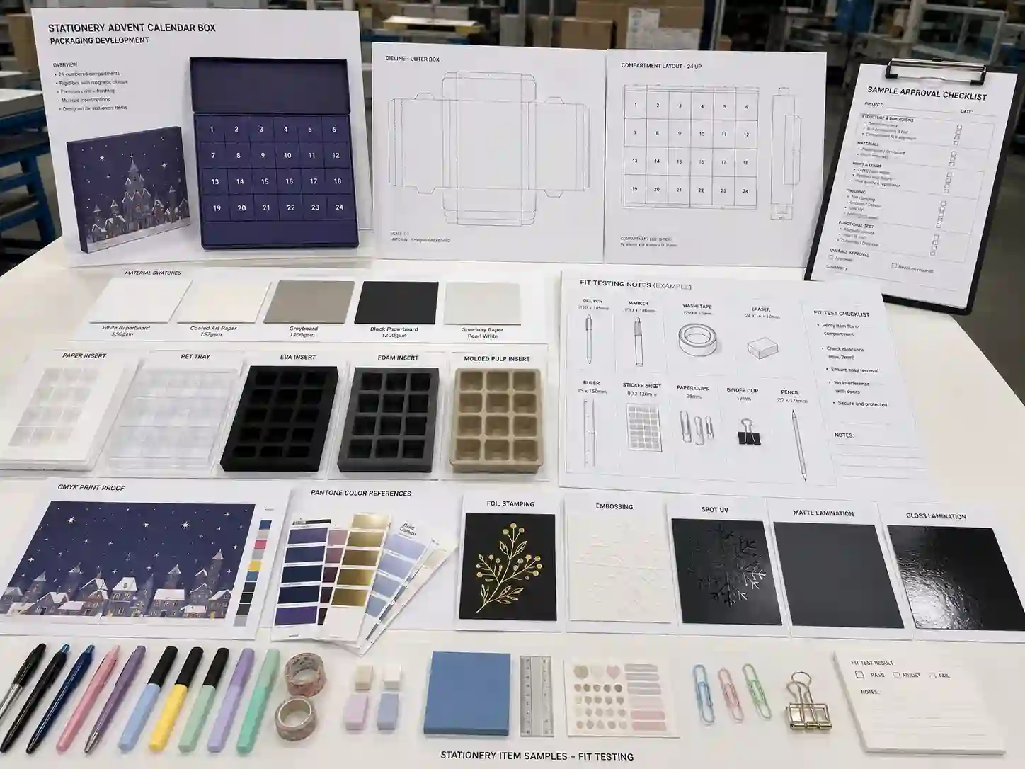 Stationery advent calendar box sampling table with dielines, material swatches, insert samples, and artwork proof checks.