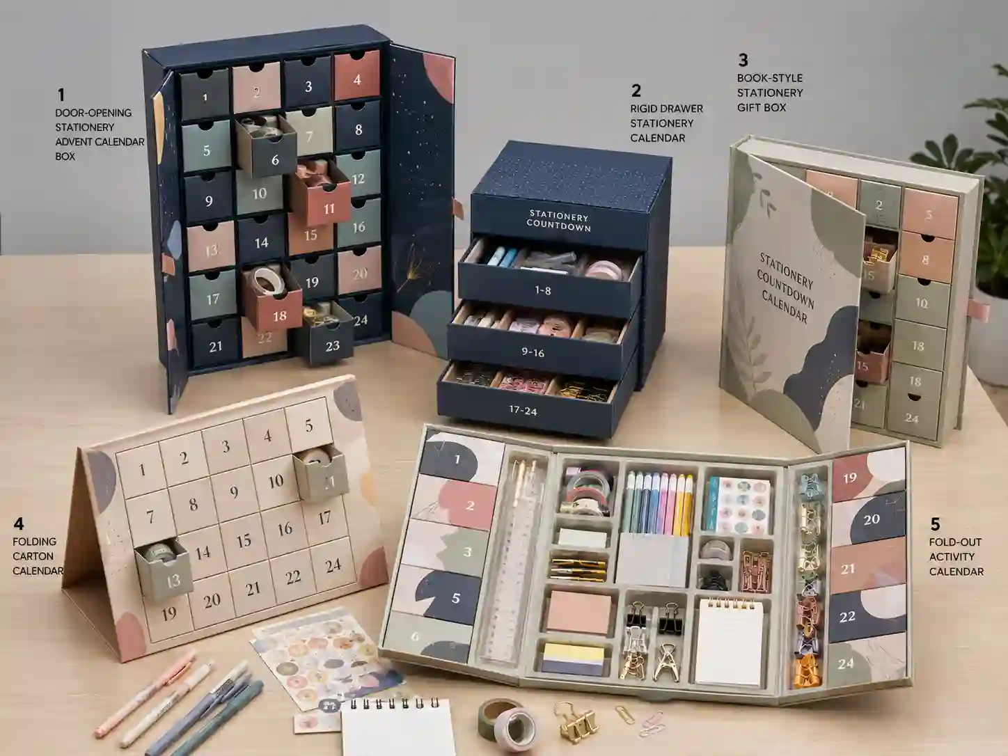 Finished stationery advent calendar box structure comparison with fitted compartments and generic stationery items