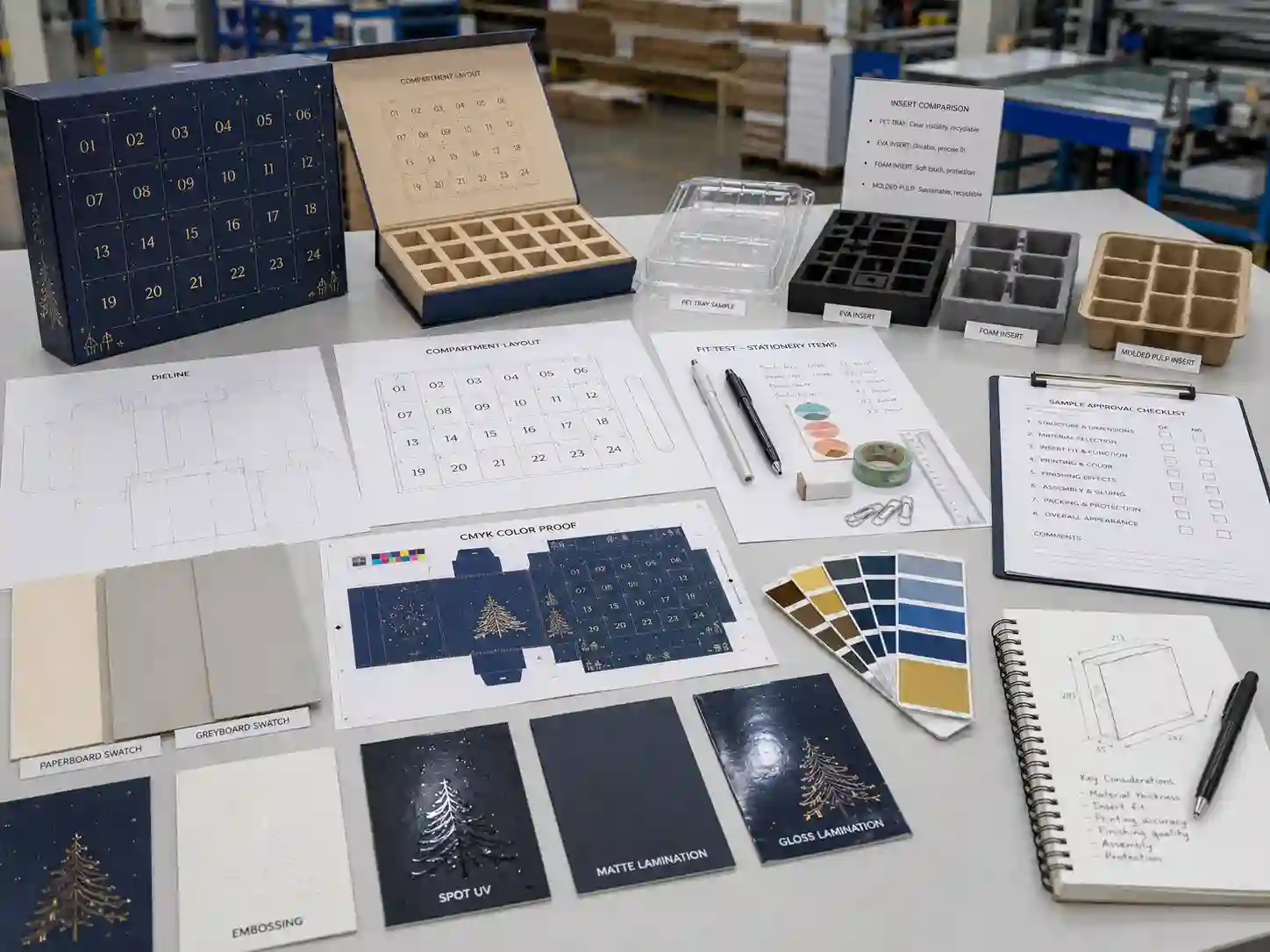Factory table showing stationery advent calendar dielines, insert samples, material swatches, and artwork proof checks
