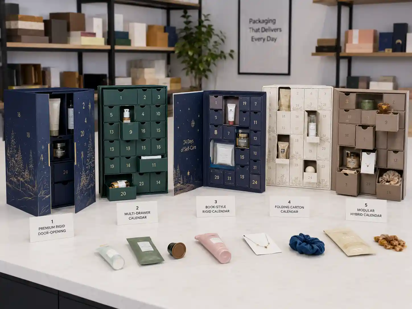 Finished subscription advent calendar box structures with numbered compartments and mixed product assortments