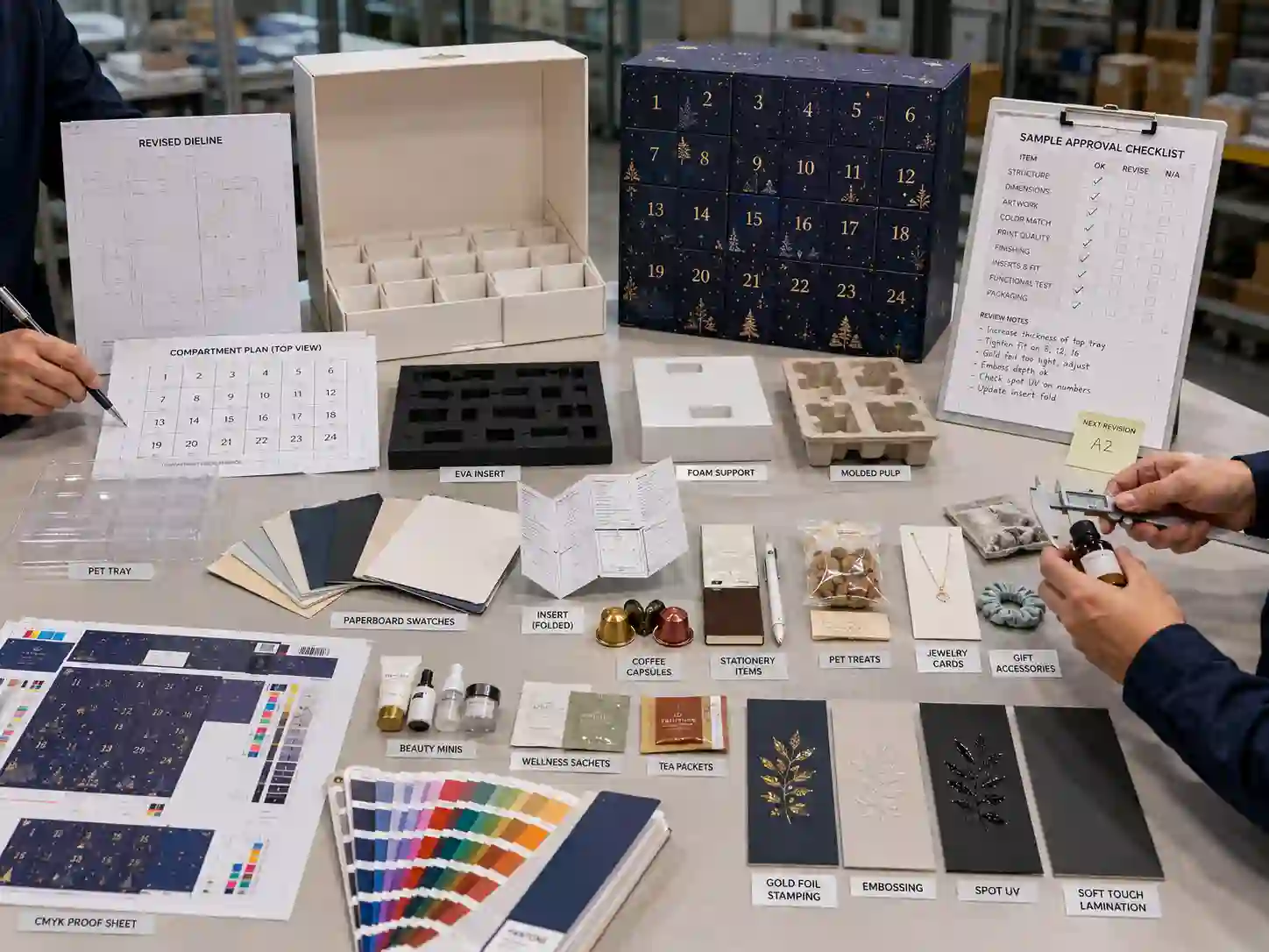 Prototype review table for subscription advent calendar boxes with dielines, inserts, materials, and printed samples