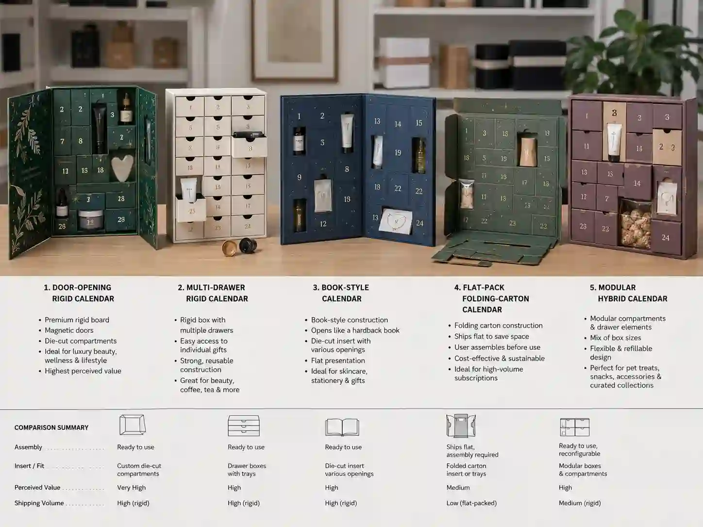 Comparison of subscription advent calendar box structures and fitted product compartments